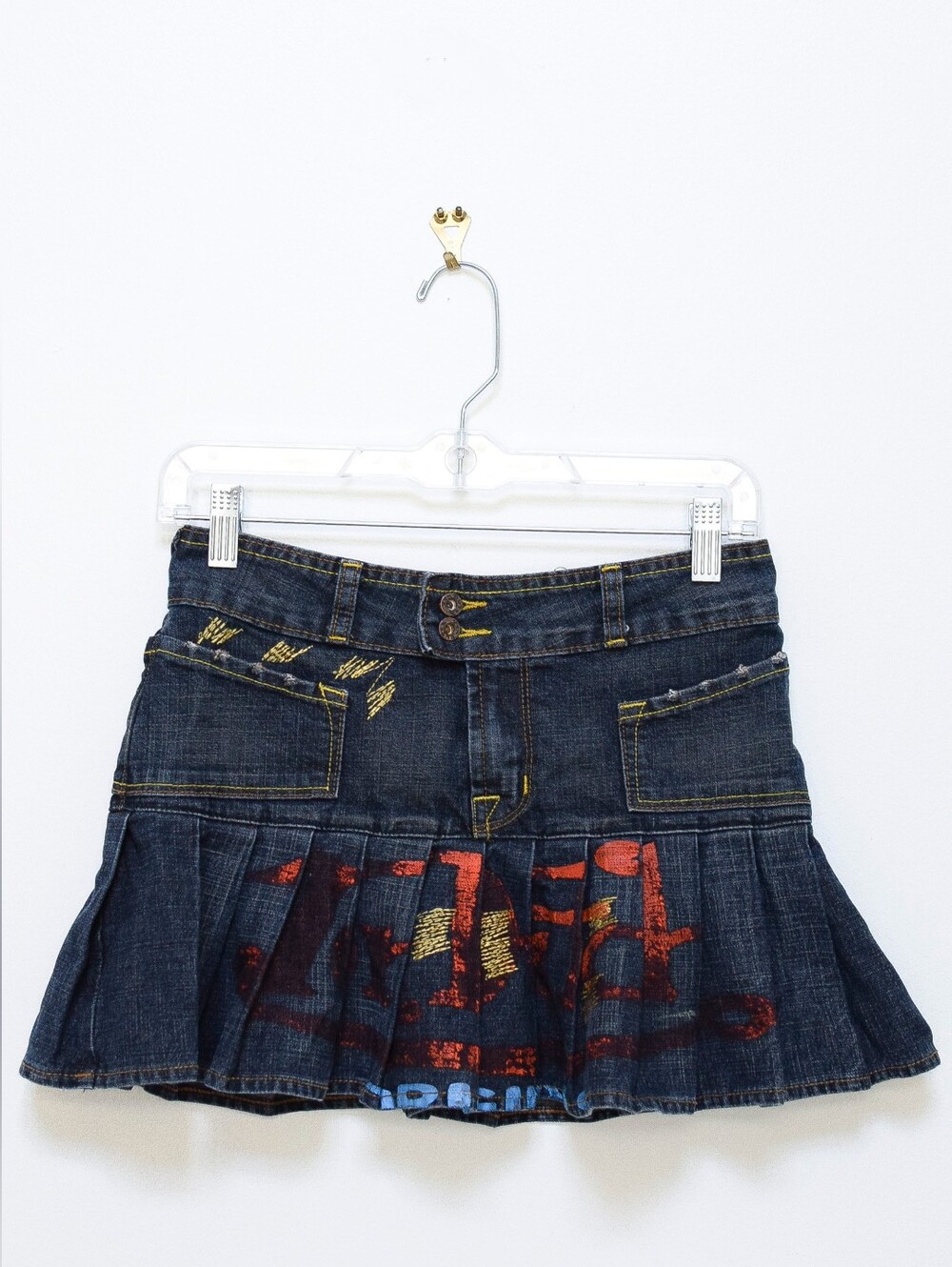 Vintage Von Dutch Pleated Denim Micro Mini Skirt Low Rise Embroidered Size XS